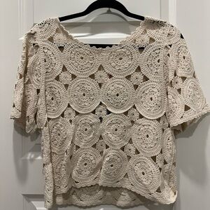 Ultra Pink Cream Crochet Lace Scoop Neck Top